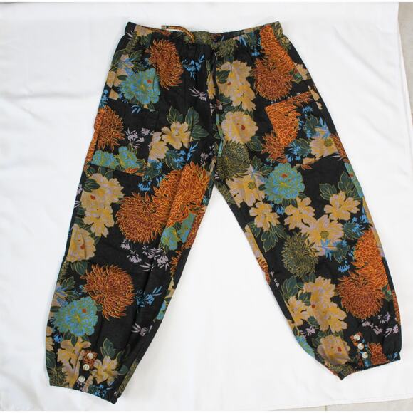 New Boho Floral Elastic Waist Pants Plus Size XXL Black Chrysanthemum Joggers - Picture 1 of 2